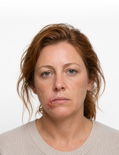 Photo of a patient with a visible sore near the mouth, used in a patient case profile (stock photo; not an actual patient).