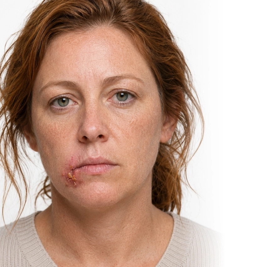 Photo of a patient with a visible sore near the mouth, used in a patient case profile (stock photo; not an actual patient).