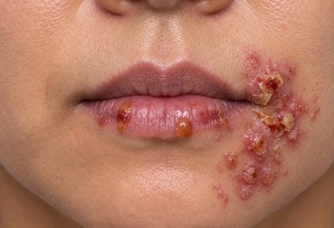 Placeholder — clinical photo illustrating orolabial HSV lesions (cold sores), for illustrative purposes only