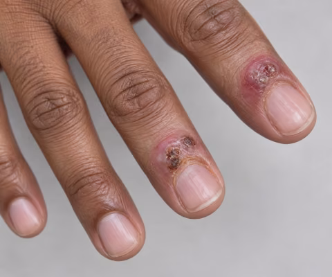 Placeholder — clinical photo illustrating herpetic whitlow (HSV lesions of the fingers), for illustrative purposes only