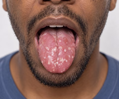 Placeholder — clinical photo illustrating oral HSV lesions of the tongue, for illustrative purposes only